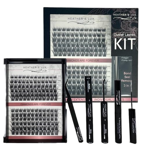 HEATHER’S LUX DIY Eyelash Lash Extension Kit Lash Clusters Lash Kit With 144 Pieces, Tweezers, Bond, Seal & Glue Remover, Reusable Individual Segment Lashes (VIP)