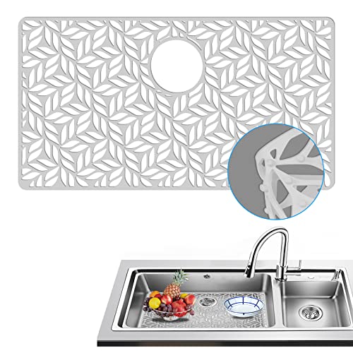 QKVCX White Silicone Sink Protector 28.25"x15.25" for Kitchen Farmhouse Stainless Steel Porcelain With Rear Drain Hole, Rectangle Mat for Bottom Bowl