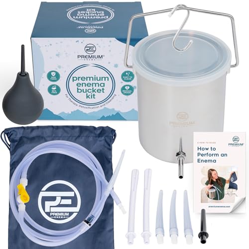 PE Premium Enema Stainless Steel Enema Bucket Kit (2 Quart) Plus Douche Bulb - Reusable for Coffee & Water Colon Cleanse - 6.75 Foot Long Silicone Hose, 7 Tips Included. Detox for Men and Women.