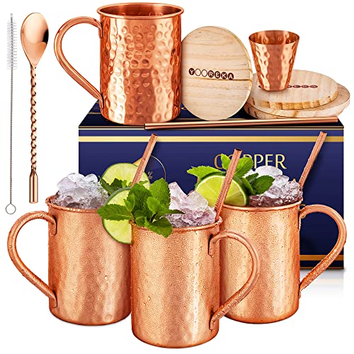 Yooreka Gift Set Moscow Mule Mugs Set Of 4 16 oz Solid Cooper, 100% Pure Copper Cups Cylindrical Shape HANDCRAFTED, BONUS 4 Straws, 4 Wood Coasters, Stirring Spoon, And Shot Glass (Square)