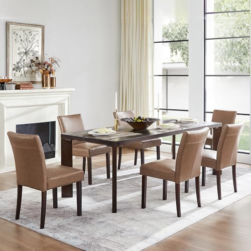 Watson & Whitely Dining Chairs Set of 6, Faux Leather Upholstered Armless Dining Room Chairs with Solid Wood Legs & Back Side Chair for Kitchen, Living Room, Restaurant, Saddle Brown