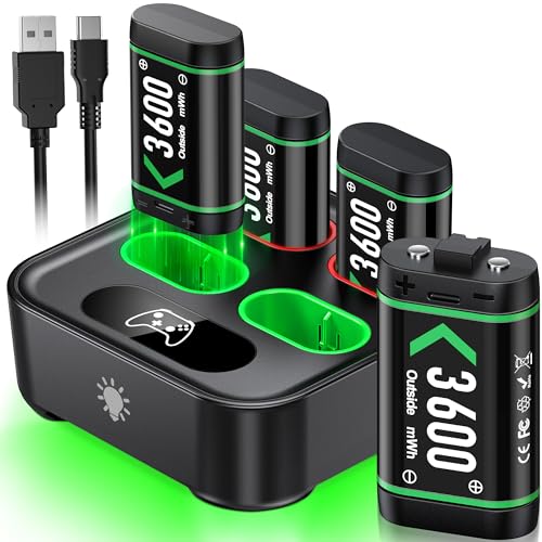 Upgraded Fast Charging Rechargeable Battery Packs with Light Control, 4 x 3600mWh Xbox Controller Batteries with Charger Dock/Station for Xbox Series X|S, One S/X/Elite Controllers, Console Accessory