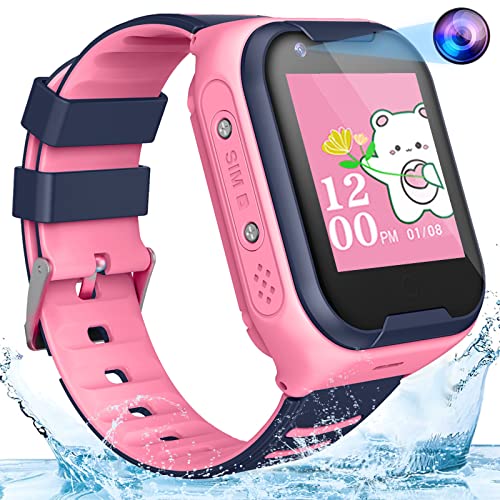 TEZILON 4G Kids GPS Smart Watch Waterproof Video Phone Call Real-time Tracking Smart Watch Camera SOS Emergency Alarm Touch Screen Pedometer Anti-Lost GPS Tracker Watch for Boys Girls Gift(Pink)