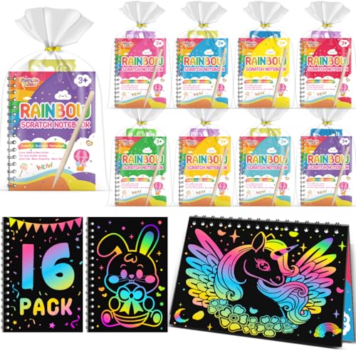 FEREDO KIDS Party Favors for Kids: 16 Pack Rainbow Scratch Art Notebook Classroom School Supplies Bulk for Girls Boys Goodie Bags Stuffers, Return Gifts for Birthday Party Valentines Gift Kid Crafts