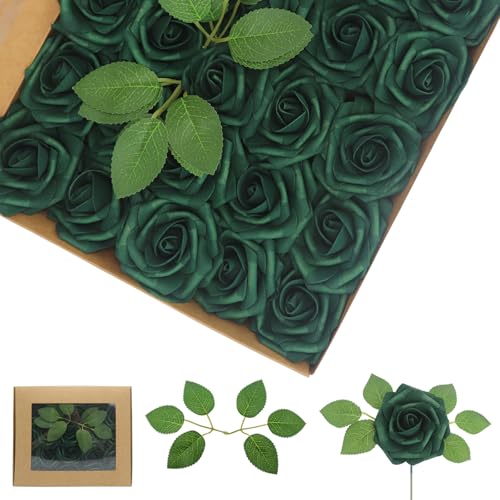 WANTMAZOR Artificial Flowers 50Pcs Peacock Green Roses Real Looking Foam Fake Roses with Leaves and for DIY Wedding Bouquets Bridal Shower Centerpieces Party Decorations (Peacock Green, 50)