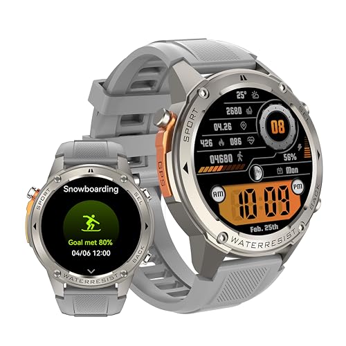 Military Smart Watch with GPS (Answer/Make Calls), Satellite Positioning, 500mAh Extra-Large Battery, Compass Air Pressure Altitude 50M Waterproof, 1.43" AMOLED Screen, Compatible Android iOS (Silver)