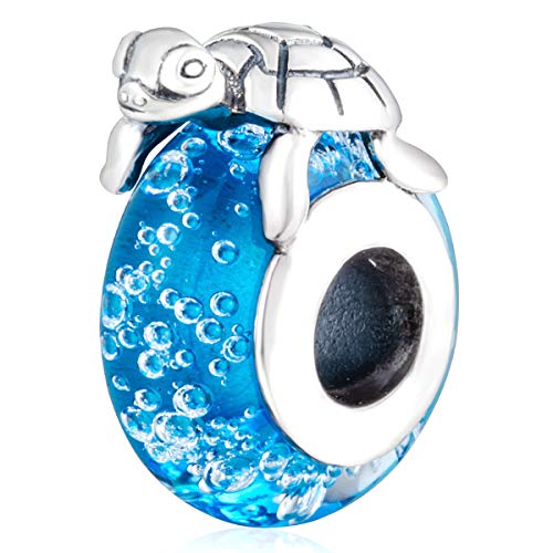 2025 Sea Turtle Charm, 925 Sterling Silver Sea Tortoise on Blue Murano Glass Bead, fits Pandora Ocean Hawaii Bracelet, Summer Travel Gifts for Friends/Family/Christmas