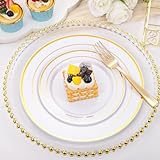 bUCLA 600Pcs Gold Dinnerware Set for 100 Guests - White and Gold Plastic Plates Disposable for party Include 100 Dinner Plates,100 Dessert Plates,100 Cups,100 Forks,100 Spoons,100 Knives