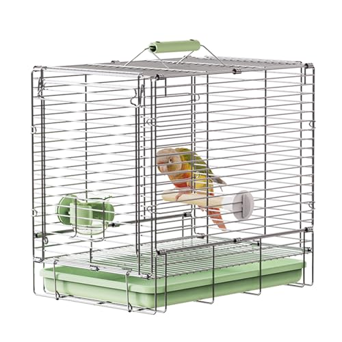 YOOSO WING Bird Carrier Travel Cage - 304 Stainless Steel Portable Folding Bird Travel Cage with Parrot Feeder Cups & Standing Perch for Smaller Birds Conures Lovebird Cockatiel Parakeets (Green)
