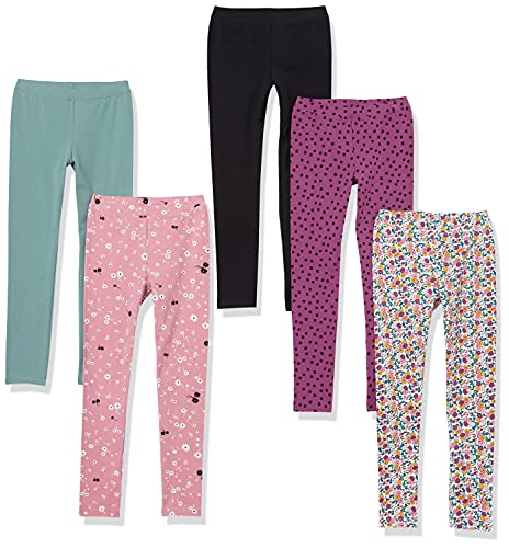 Amazon Essentials Girls' Leggings, Pack of 5, Black/Pink Flowers/Purple Dots/Turquoise Green/White Ditsy Floral, Medium