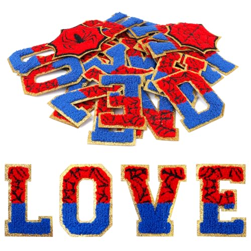 28pcs Iron on Patches, Chenille Letters Adhesive Spiderweb Sew on Patches A-Z Alphabet Embroidered Patches Repair Letter Applique for Clothes Jacket Jeans Sweaters Hats Shoes