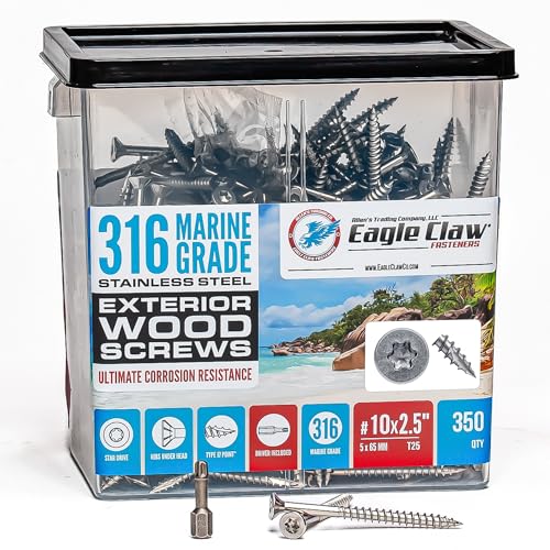 #10 x 2 1/2 Inch 316 Marine Grade Stainless Steel Wood Screws (350 Pack, T25 Star) | Stainless Steel Screws w/Driver Bit by Eagle Claw Fasteners | High Corrosion Resistance for Coastal Construction