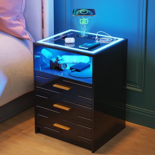 Lvifur LED Nightstand with Wireless Charging Station,3 Color Dimmable Auto Sensor Night Stand for Bedroom Furniture,Touch Screen Bedside Table with USB & Type-C Port and 3 Drawers,Black