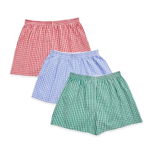 Cinvik Gingham Shorts for Sleep Women Boxer Shorts Soft Boxers Red Women Pj Short Blue Plaid Loose Boxer Pack for Ladies M