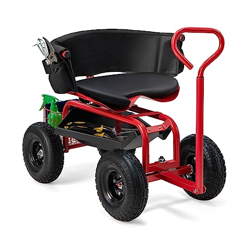 Goplus Garden Seat with Wheels, Rolling Gardening Stool with Adjustable 360° Swivel Seat, Tool Tray & Storage Basket, Extendable Handle, Outdoor Gardening Scooter, Garden Cart Workseat for Seniors