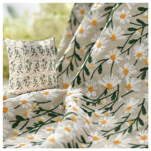 Primst 3D Daisy Embroidery Cotton Linen Fabric by The Yard for Sewing DIY Clothes Dress Tablecloth Bag Cushion (Beige,47.2" x 78.7")