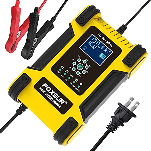 Foxsur 12-Amp 7-Stage Car Battery Charger for Wet/GEL/SLA/LiFePO4/Lead-Acid/AGM Batteries, 12V/ 24V Smart Battery Charger/Maintainer, for ATVs/Golf Cart/Motorcycle/Automobile/Marine etc Quick Charger