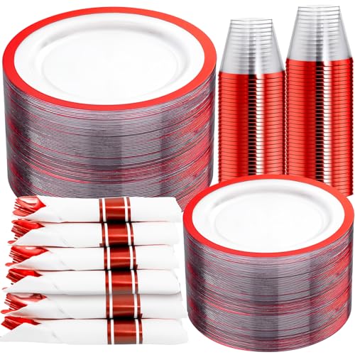 I00000 350 Pcs Clear and Red Plastic Plates,Valentines Disposable Dinnerware Set, Include 50 Dinner Plates 10.25'', 50 Dessert Plates 7.5'',50 Red Rim Cups,50 Per Rolled Napkins with Plastic Cutlery