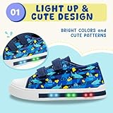 FUNCOO PLUS Boys Girls Sneakers Light Up Canvas Shoes for Toddler Kids Easy Fasten Fashion Shoes with Hook and Loops, Ocean Shark, Little Kid Size 11