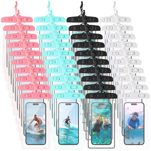 Flutesan 40 Pack Universal Clear Waterproof Phone Pouch Cell Phone Pouch Dry Bag Waterproof Cases Bag with Lanyard for Outdoor Sport Water Games Protect, up to 7 Inches (Black, White, Cyan, Pink)