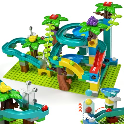 Exclusive Dinosaur Marble Run Building Blocks with Trigger Gravity Hammer Track Race, Compatible Building Brick Maze Game, STEM Educational Learning Toy Super Gift for Boys Girls Ages 4-8 (Marble Run)