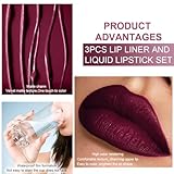 evpct 3Pcs Dark Deep Red Purple Plum Black Cherry Lip Tint Stain peel off 24 hr Matte Lip Liner and Lipstick Set for Women Waterproof Long Lasting labiales matte mate larga duracion listip 24 hours