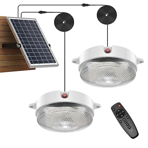 SunBonar Solar Ceiling Light Motion Sensor 2 Pack, 5 Modes 3200K/4000K/6000K Dimmable Daytime Available Solar Shed Lights with ON Off Switch & Remote Solar Lights Indoor/Outdoor for Home Barn Shop