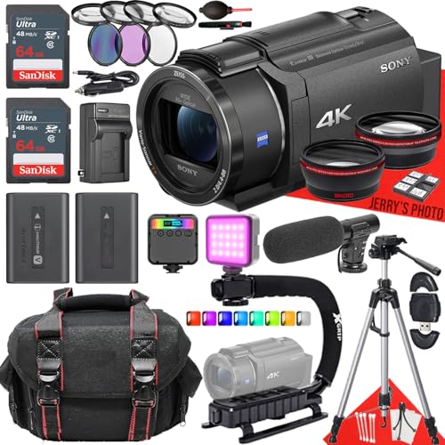 Sony FDR-AX43 UHD 4K Handycam Camcorder + 2PC 64 GB Memory + Extra Battery + Filters + Shotgun Video Microphone + U-Grip Handle + More (29pc Bundle)
