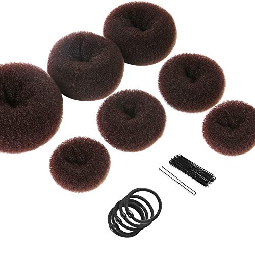 Teenitor Donut Hair Bun Maker Set - 7 Rings (1 Extra-Large, 2 Large, 2 Medium, 2 Small), 5 Elastic Bands, 20 Hair Pins, Dark Brown