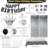 Black and Silver Birthday Decorations for Men Women, Happy Birthday Decorations for Boys Girls, Black and White Birthday Party Decorations Foil Balloons Fringe Curtains Tablecloth Hanging Pendant