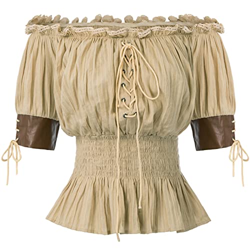 Women's Victorian Gothic Top Renaissance Peasant Smocked Off Shoulder Shirts Khaki M