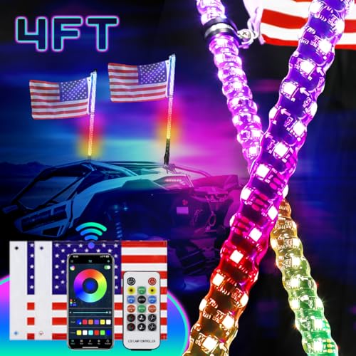 UNI-SHINE 2PCS 4FT LED Whip Lights with Spring Base Spiral RGB Chasing Lights with APP & Remote Control, Music Antenna Whip Light for Can-Am UTV ATV RZR Can-Am SXS Polaris Offroad