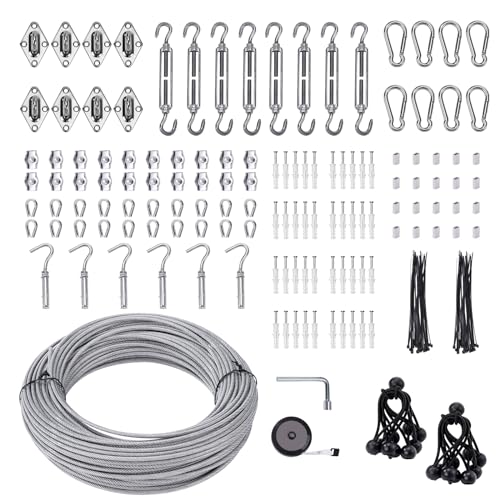 Unicaravan Shade Sail Hardware Kit 6 inch with 131FT 1/8" Wire Rope Kit for Triangle Rectangle Sun Shade Sail Outdoor Installation turnbuckles for Cables Wire for Outdoor,Garden,Kitchen,Craft,243PCS