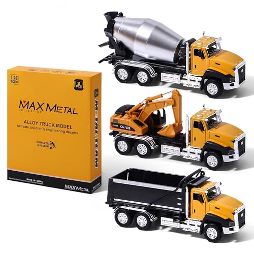 AIUAZA 1/50 Ratio die-Casting Engineering Construction Vehicle, Dump Truck, Excavator, Mixer, Alloy Collection Model car, Boy's Door Opening Pull Back car Toy (3pcs per Set)