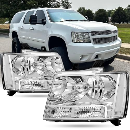 Headlight Assembly For 2007-2014 Chevy Tahoe 07-13 Chevy Avalanche Suburban 1500 2500 Head light, Replacement Head Lamp Set with Chrome Housing Clear Reflector