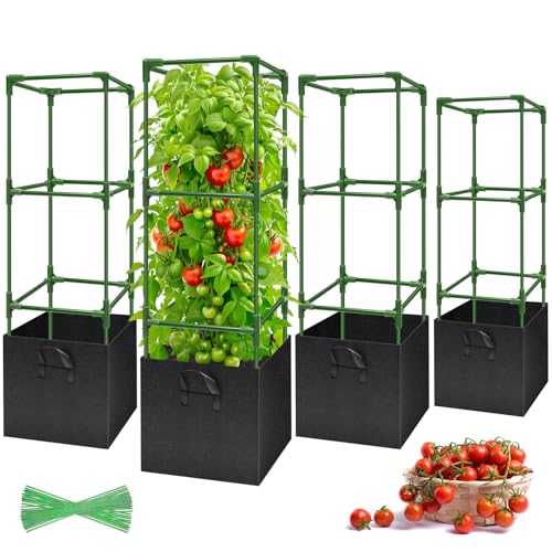Legigo 4 Pack Tomato Cages with 17 Gallon Grow Bags- 47 Inch Square Tomato Cages for Garden, Heavy-Duty Tomato Stakes Plant Support Cages Trellis for Garden Vertical Climbing Plants Vegetables