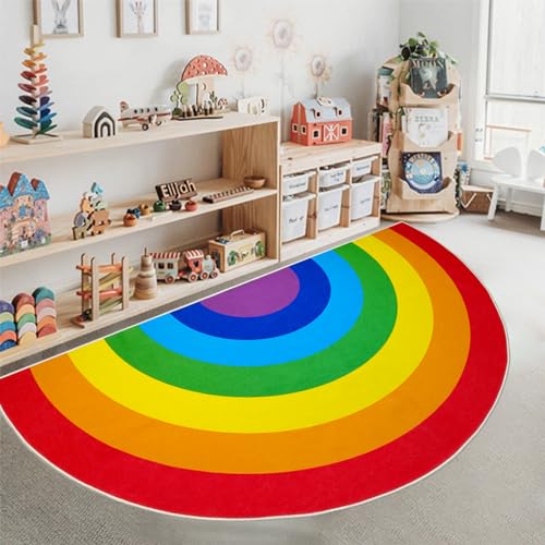 ABREEZE Rainbow Area Rug, 3.3'X6.6', Half Circle Washable Kids Non-Slip Backing Colorful Floor Rug for Room, Girls, Kids, Nursery