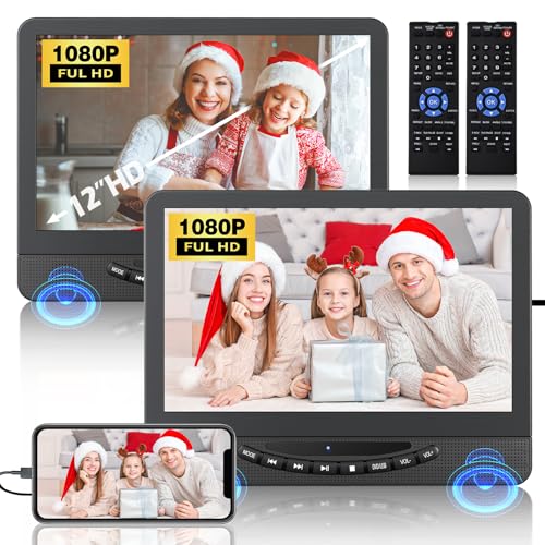12" Dual Portable DVD Player for Car with 1080P HDMI Input, FELEMAN Car DVD Player Dual Screen Play A Same or Two Different Movies, 5 Hours Rechargeable, Support USB, AV in, Lsat Memory