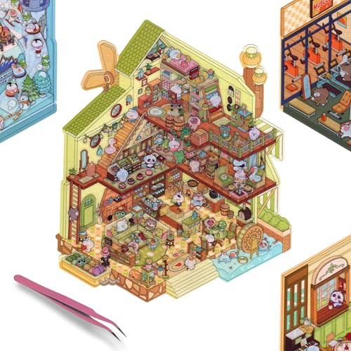 Sticker Therapy 3D Scenes – 4 Large 3D Sticker Scene Kits with Tweezer, DIY Scene Stickers for Adults & Kids, Isometric Miniature House & Room Sets, Cute Korean Style Stickers for Relaxing & Fun