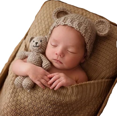 Fashion Newborn Boys Girls Baby Photo Shoot Props Outfits Crochet Bear Hat Beanie with Bear Dolls Photography Props Costume (camel)