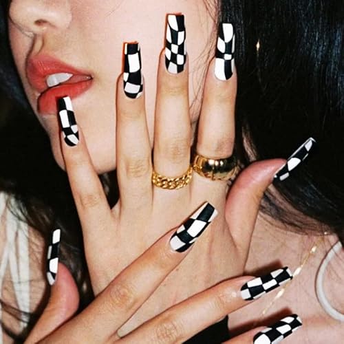 24Pcs Coffin Press on Nails Long Black White Fake Nails with Nail Glue Glossy Checkerboard Ballerina False Nails Acrylic Nails Tips Supplies for Women and Girls Nail Decorations