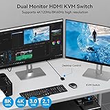 8K HDMI KVM Switch 2 Monitors 2 Computers Dual Monitor Support 8K@60Hz 4K@120Hz KVM Switcher PC Extended Display for 2 Port Share 4 USB 3.0 HUB Desktop Controller and 2 USB Cables Included