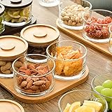 KVMORZE 9.5oz Chip and Dip Serving Set with Bamboo Tray, Snack Candy Fruit Nut Serving Platter, Small Glass Dipping Serving Bowls with Lids for Condiments, Side Dishes, Pre, Dessert, Salsa (4 Slots)