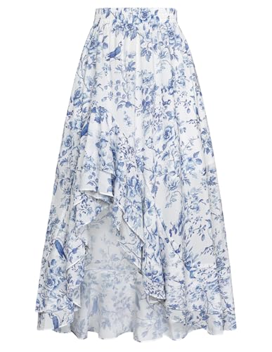 Scarlet Darkness Women's Victorian Skirt Boho Floral Print Ruffle Hem Flowy Maxi Skirt Blue L