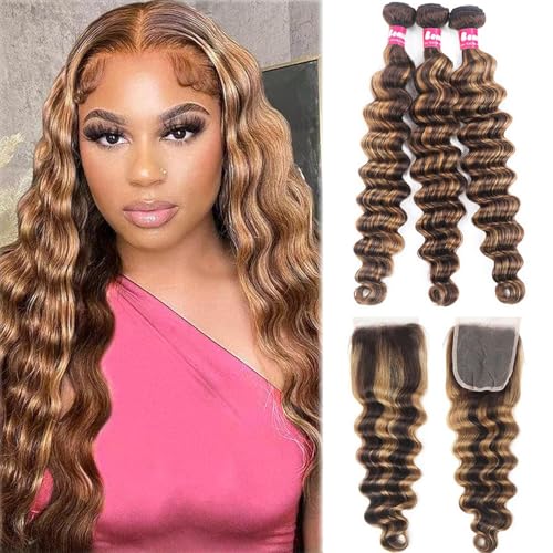 P4/27 Human Hair Bundles Loose Deep Wave Ombré Highlighted Bundle with Closure-18,20,22+18inch, 10A Brazilian Loose Wave Raw Bundles Human Hair with 4x4 Lace Closure Honey Blonde Brown Color