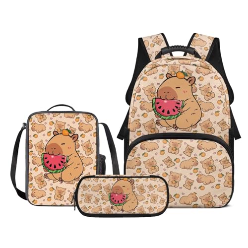 Zarisguat Cute Capybara School Backpack for Girls 3pcs Kawaii Watermelon Girls Backpack with Lunch Box Pencil Case Set for Kids Teens Elementary Middle School Bookbag