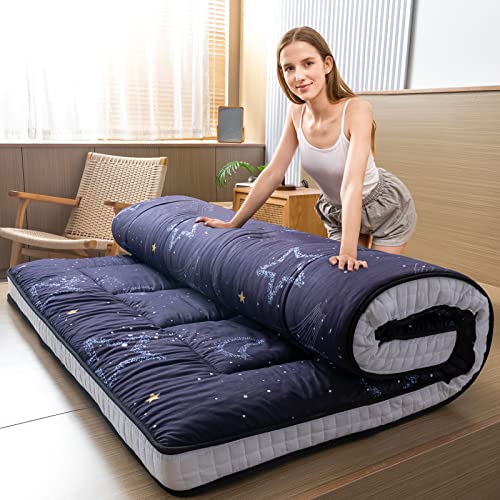 MAXYOYO Black Moon and Star Futon Mattress, Padded Japanese Floor Mattress Quilted Bed Mattress Topper, Extra Thick Folding Sleeping Pad Floor Lounger Guest Bed for Camping Couch, Queen