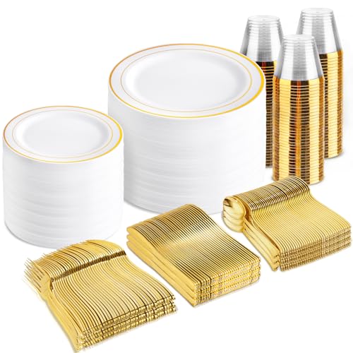 bUCLA 600Pcs Gold Dinnerware Set for 100 Guests - White and Gold Plastic Plates Disposable for party Include 100 Dinner Plates,100 Dessert Plates,100 Cups,100 Forks,100 Spoons,100 Knives