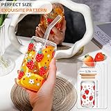 Glass Cups with Lids and Straws with Design Strawberry 4 pcs,Clear Glass Cups 16 oz-DWTS Drinking Glasses Set,Glass Tumbler,Cute Design Glass Iced Coffee Cups with Lids and Straws