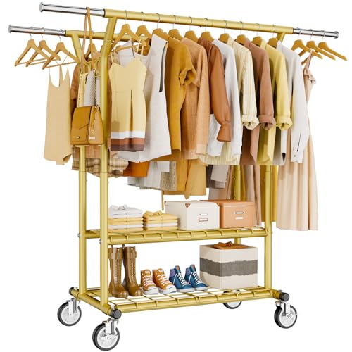 HYSEYY Heavy Duty Clothes Rack, Rolling Clothing Racks With Shelves Load 620 LBS, Double Rod Clothing Racks for Hanging Clothes, Portable& Adjustable Clothes Rack with Wheels Garment Rack,Gold